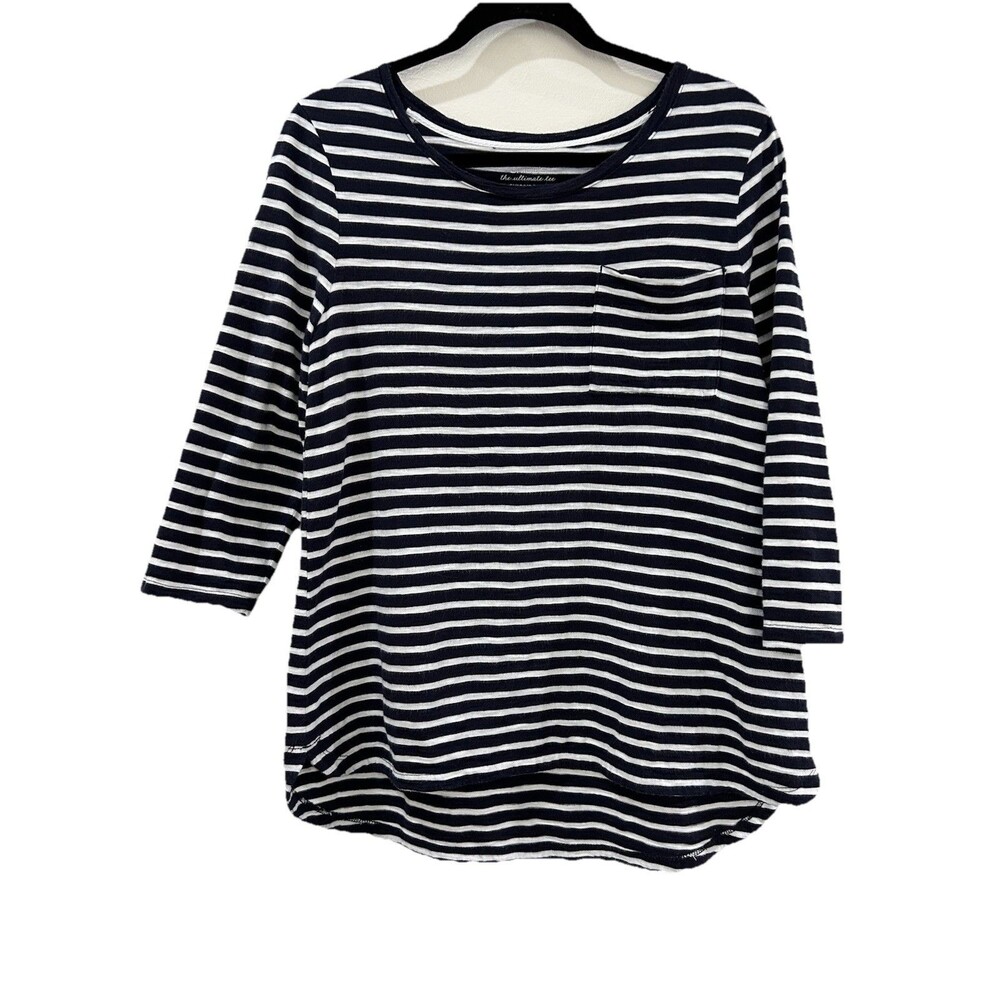Chicos Sz 1 The Ultimate Tee Women M Top 3/4 Sleeve black/white striped pocket
